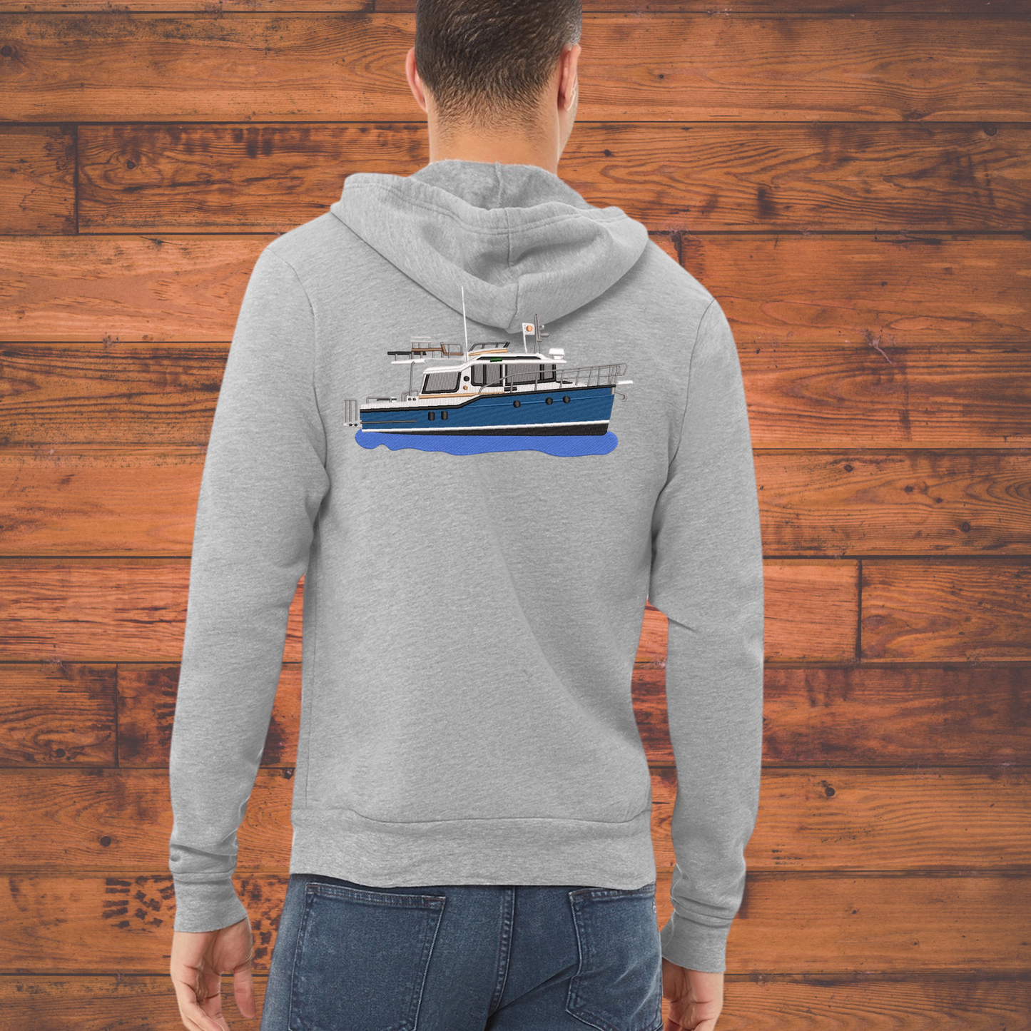 Mens or Women's Full Zip up Hoodie with a Ranger Tug R29CB Embroidered on the back Personalized with Boat name on the Front. Zip up
