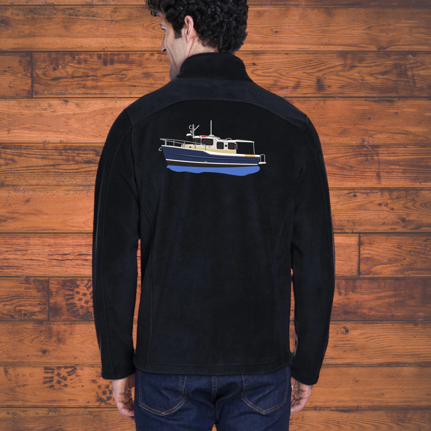 Mens or women's Fleece Jacket with a Ranger Tug 31S Embroidered on the back Personalized with Boat name on the Front. Zip up