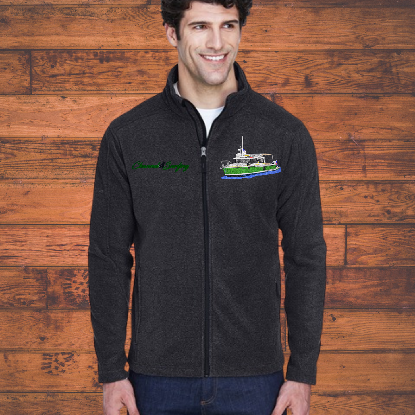 Men's or Women's Fleece Jacket with Ranger Tug R27ob boat embroidered on Left chest with Boat Name on the Right