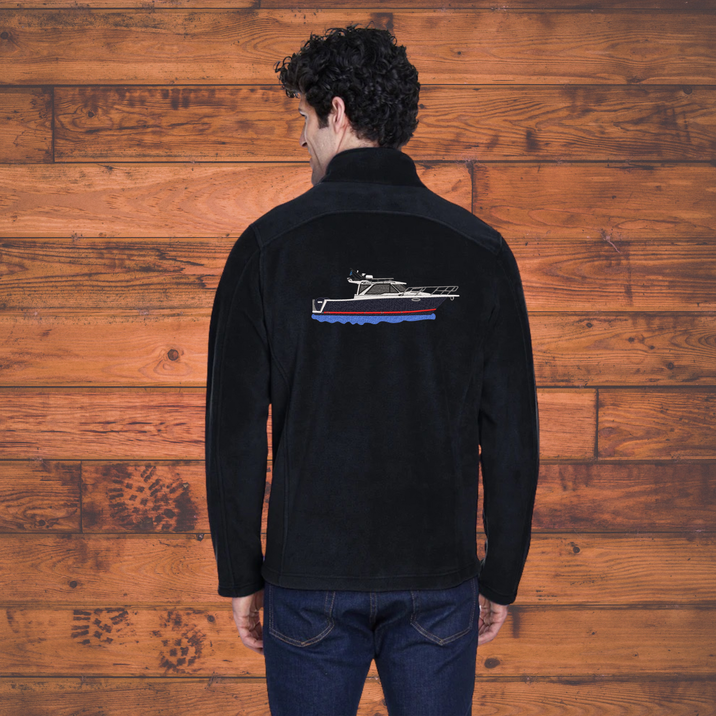 Mens or women's Fleece Jacket with a Cutwater C288 Embroidered on the back Personalized with Boat name on the Front. Zip up