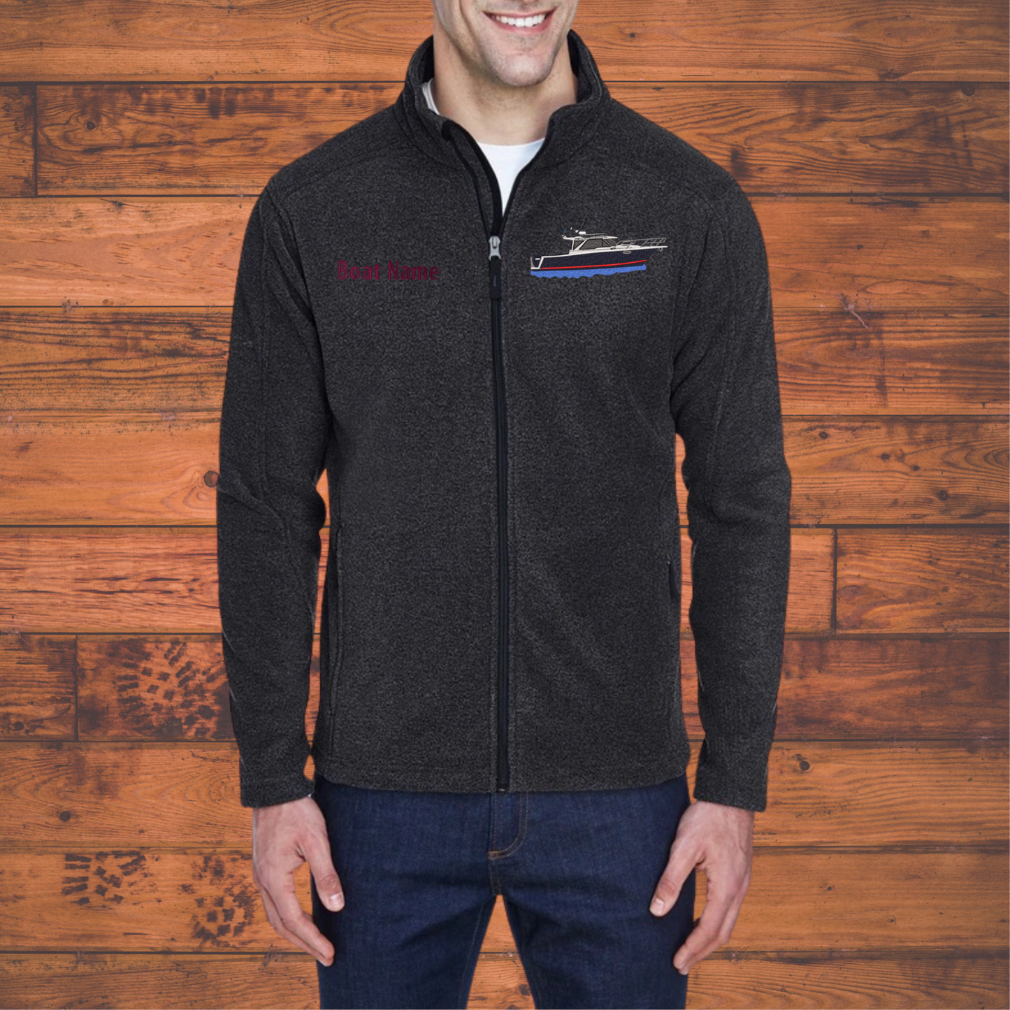 Men's or Women's Fleece Jacket with Cutwater C288 boat embroidered on Left chest with Boat Name on the Right