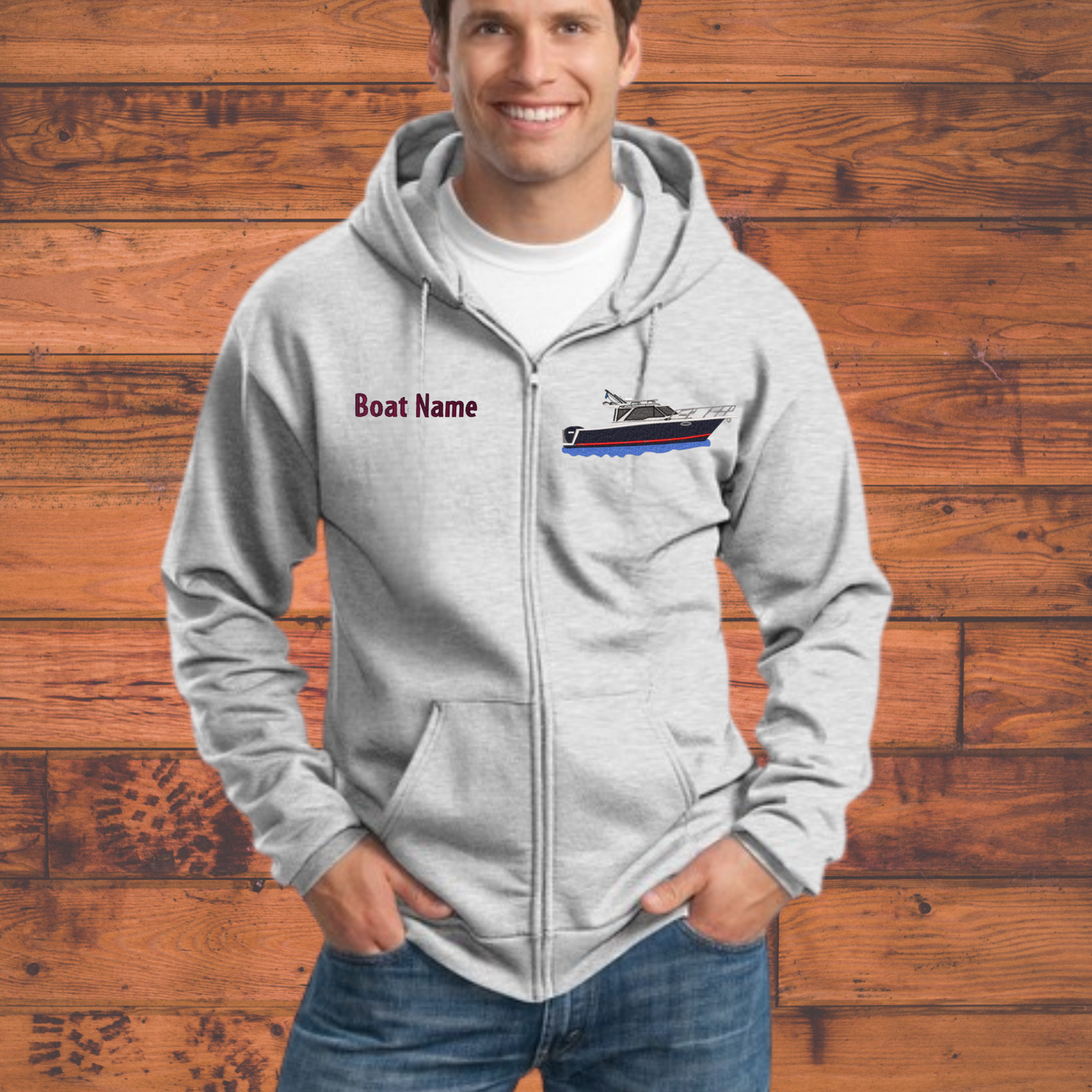 Men or Women's Full Zip Hoodie with a Cutwater C288 Embroidered on Left chest and Boat Name on right