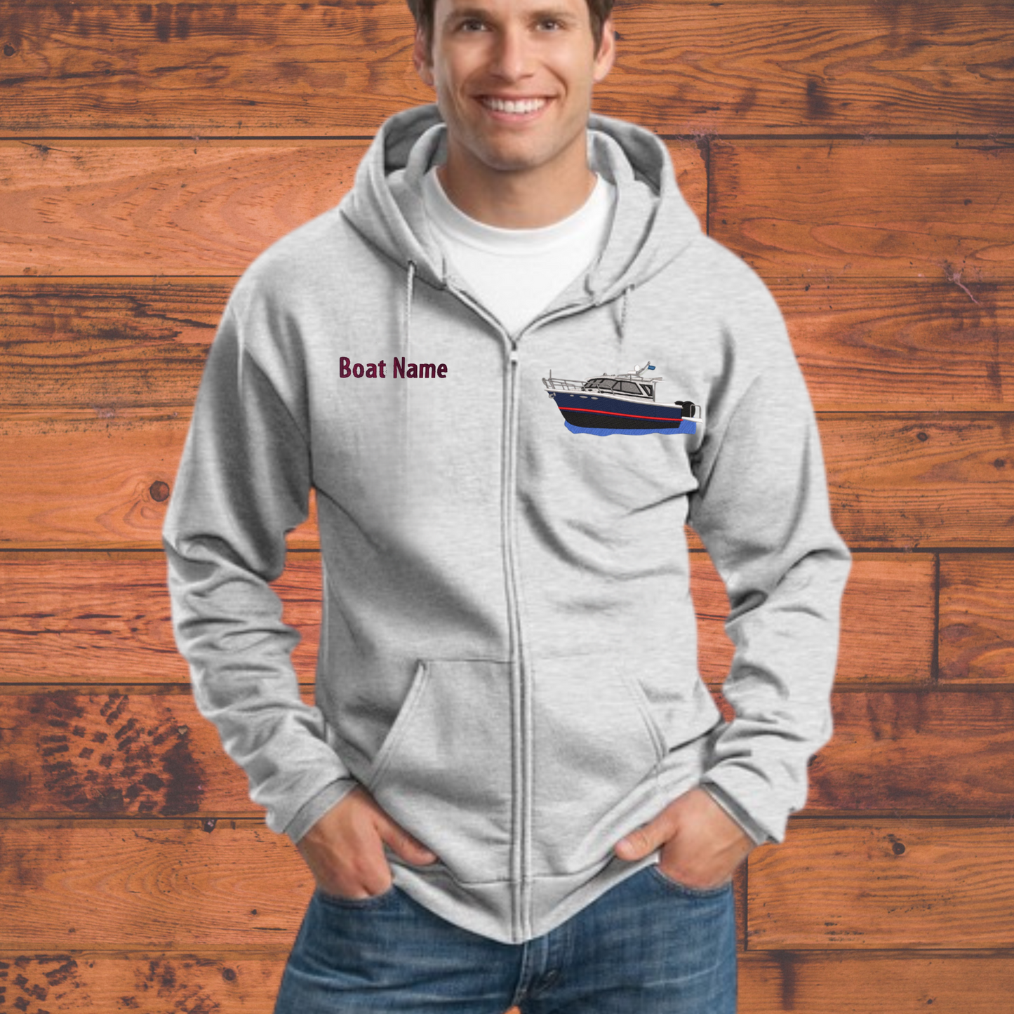 Men or Women's Full Zip Hoodie with a Cutwater C32 Embroidered on Left chest and Boat Name on right