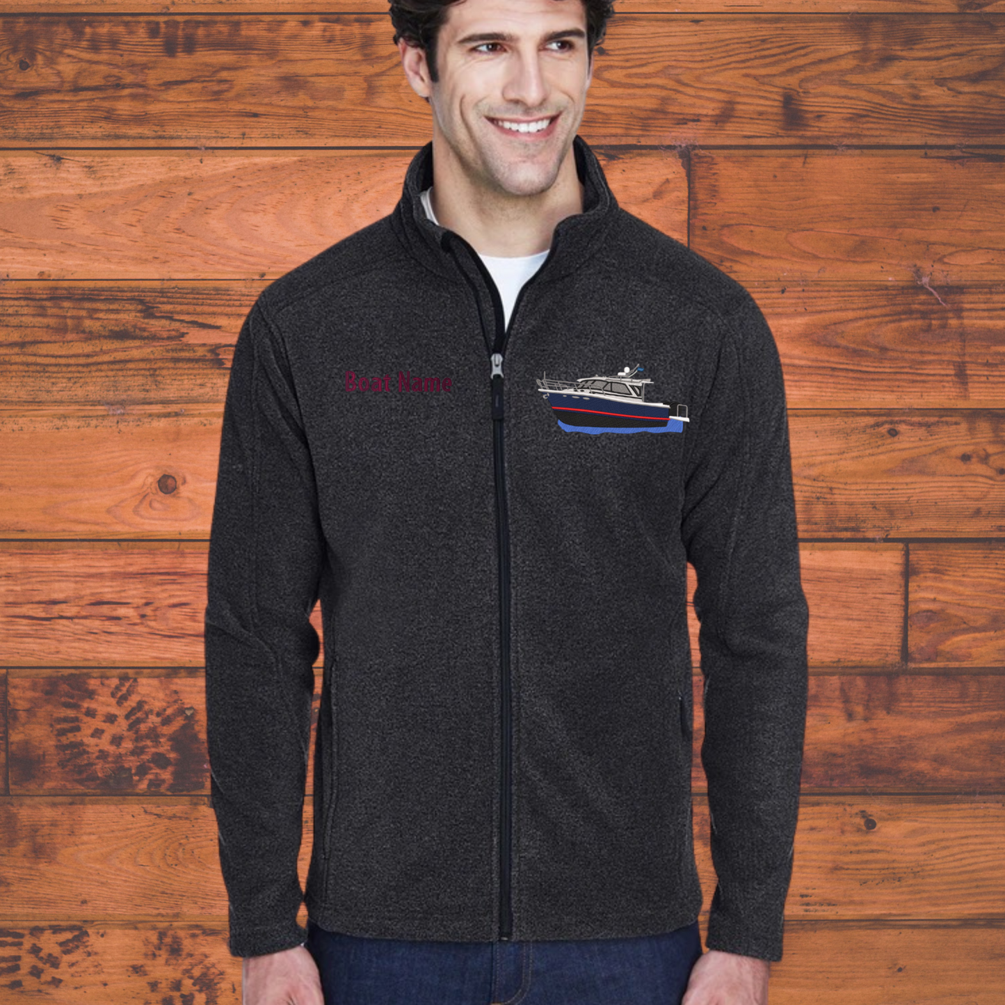 Men's or Women's Fleece Jacket with Cutwater C32 boat embroidered on Left chest with Boat Name on the Right