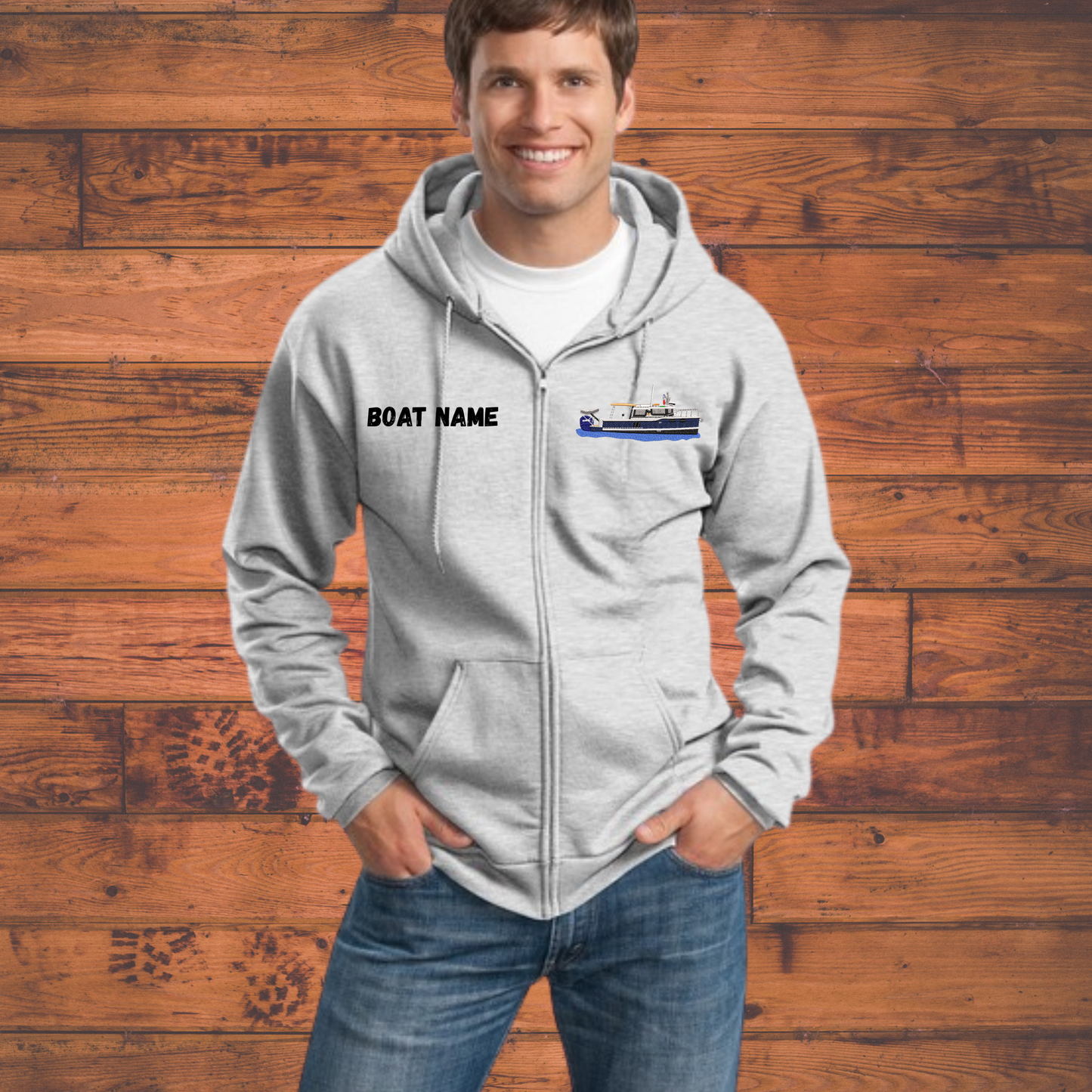 Men or Women's Full Zip Hoodie with Ranger Tug Boat R27OB with Dinghy lift Embroidered on Left chest and Boat Name on right