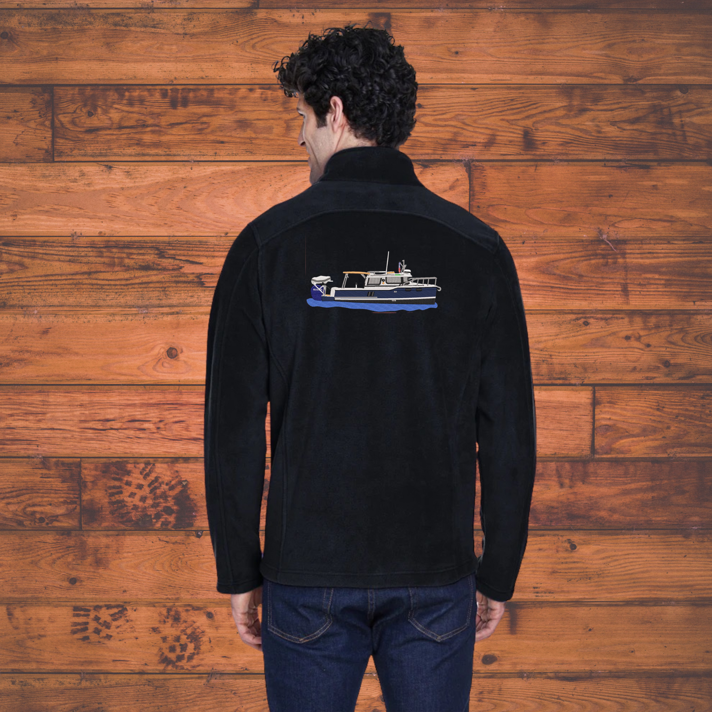 Mens or women's Fleece Jacket with a Ranger Tug R27ob with Dinghy lift Embroidered on the back Personalized with Boat name on the Front. Zip up