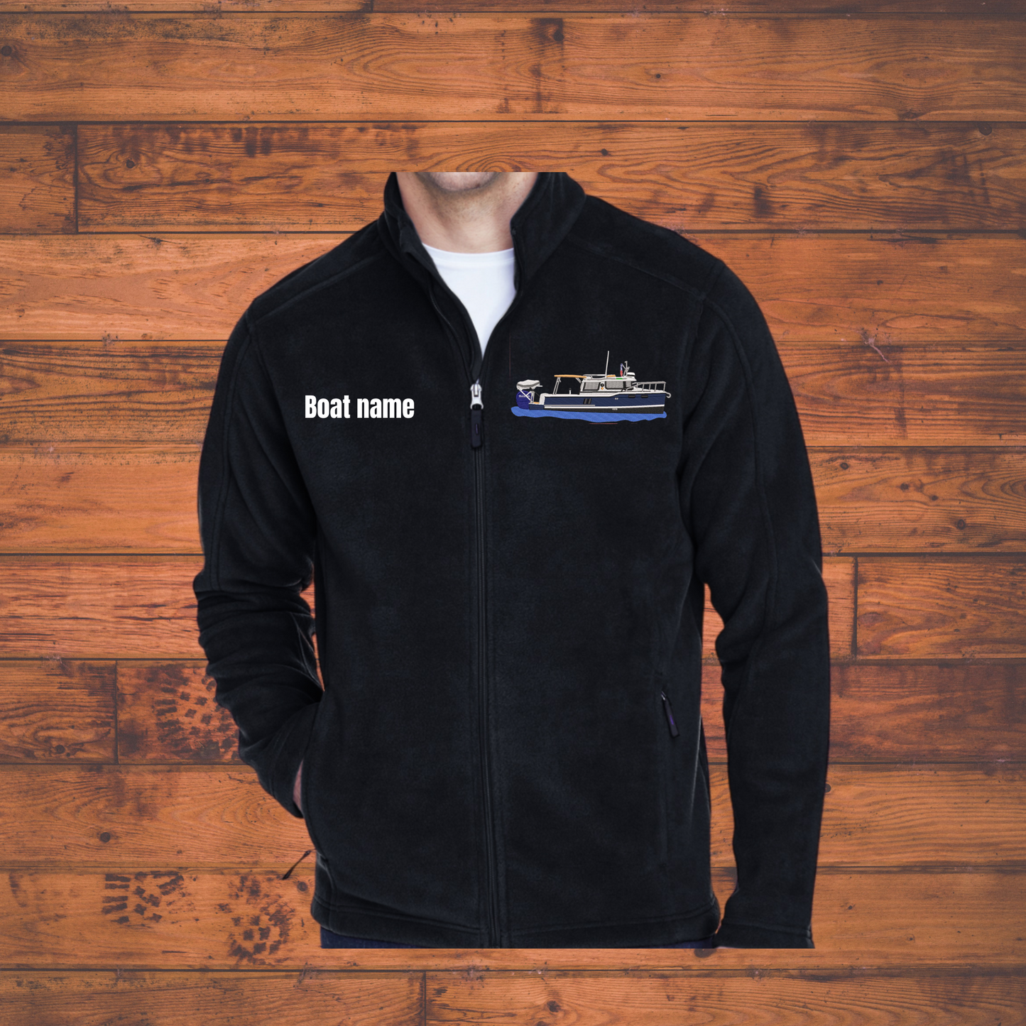 Men's or Women's Fleece Jacket with Ranger Tug R27ob boat with dinghy lift embroidered on Left chest with Boat Name on the Right
