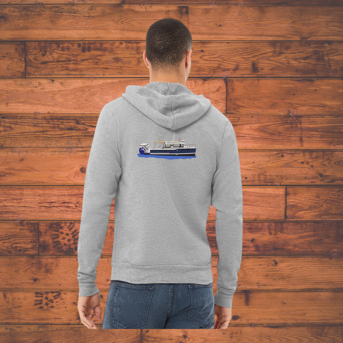 Mens or Women's Full Zip up Hoodie with a Ranger Tug R27ob with Dinghy lift Embroidered on the back Personalized with Boat name on the Front. Zip up