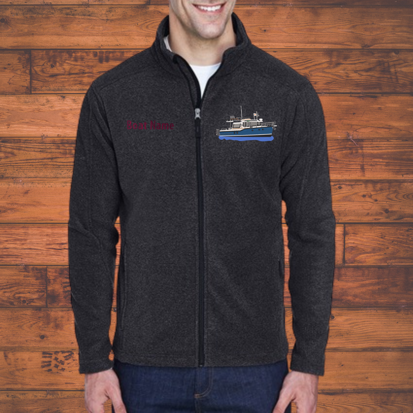 Men's or Women's Fleece Jacket with Ranger Tug R29CB boat embroidered on Left chest with Boat Name on the Right