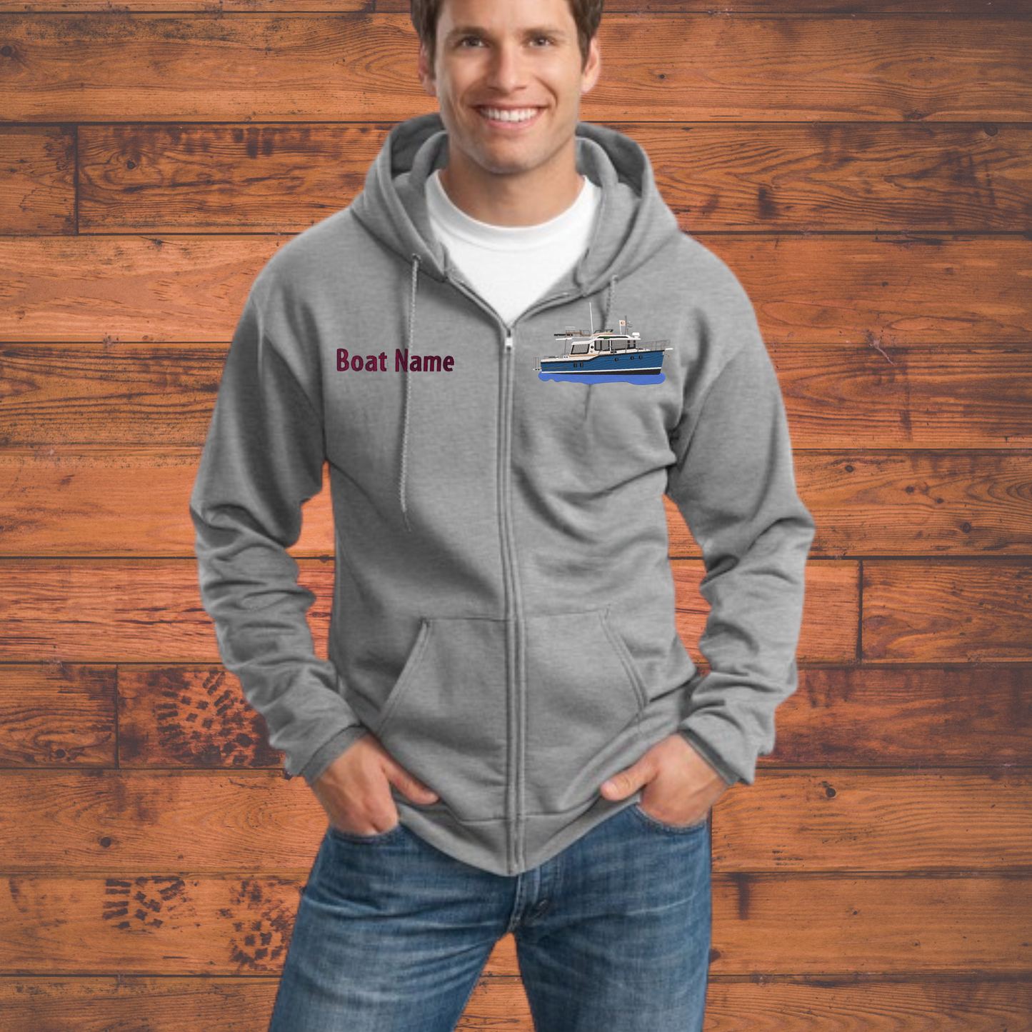 Men or Women's Full Zip Hoodie with Ranger Tug Boat R29CB Embroidered on Left chest and Boat Name on right