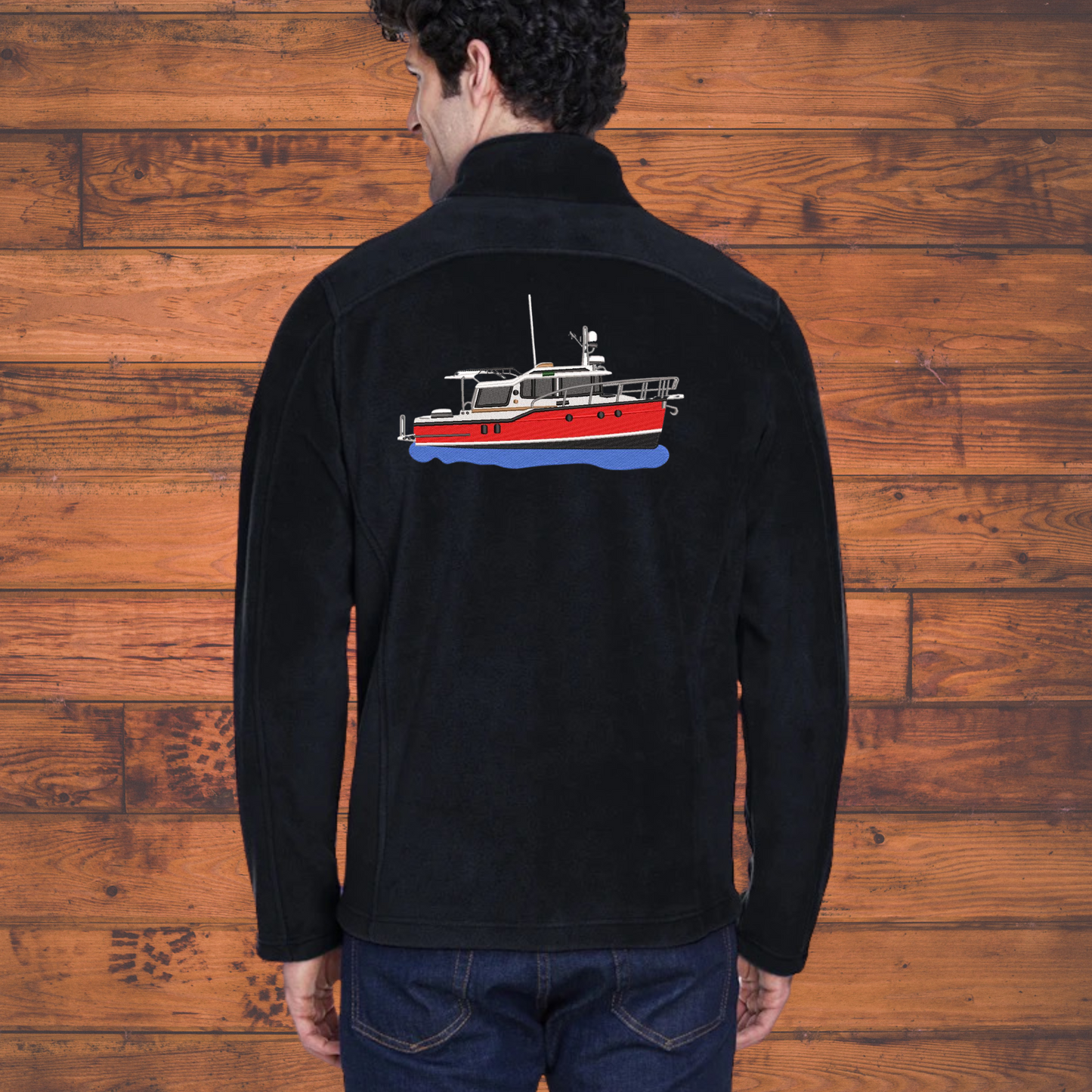 Mens or women's Fleece Jacket with a Ranger Tug R29S Embroidered on the back Personalized with Boat name on the Front. Zip up