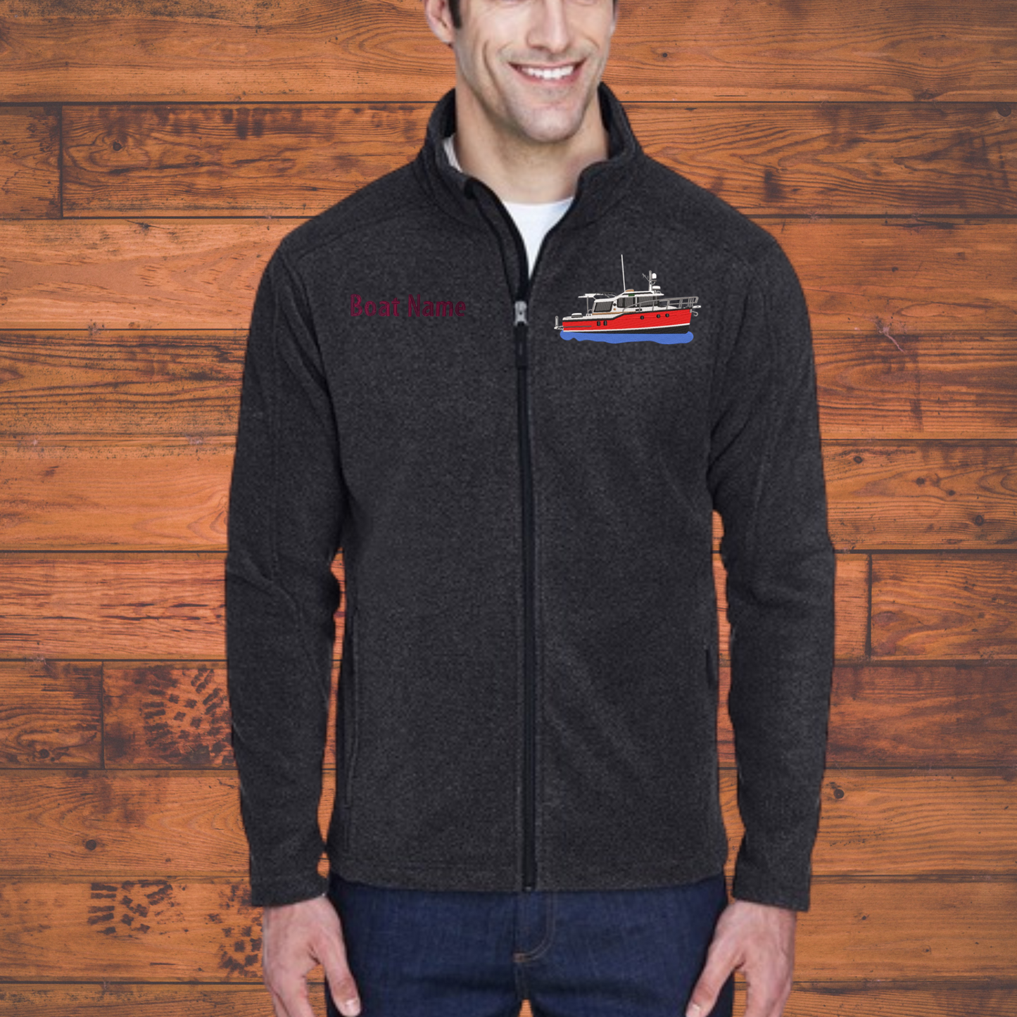 Men's or Women's Fleece Jacket with Ranger Tug R29S boat embroidered on Left chest with Boat Name on the Right