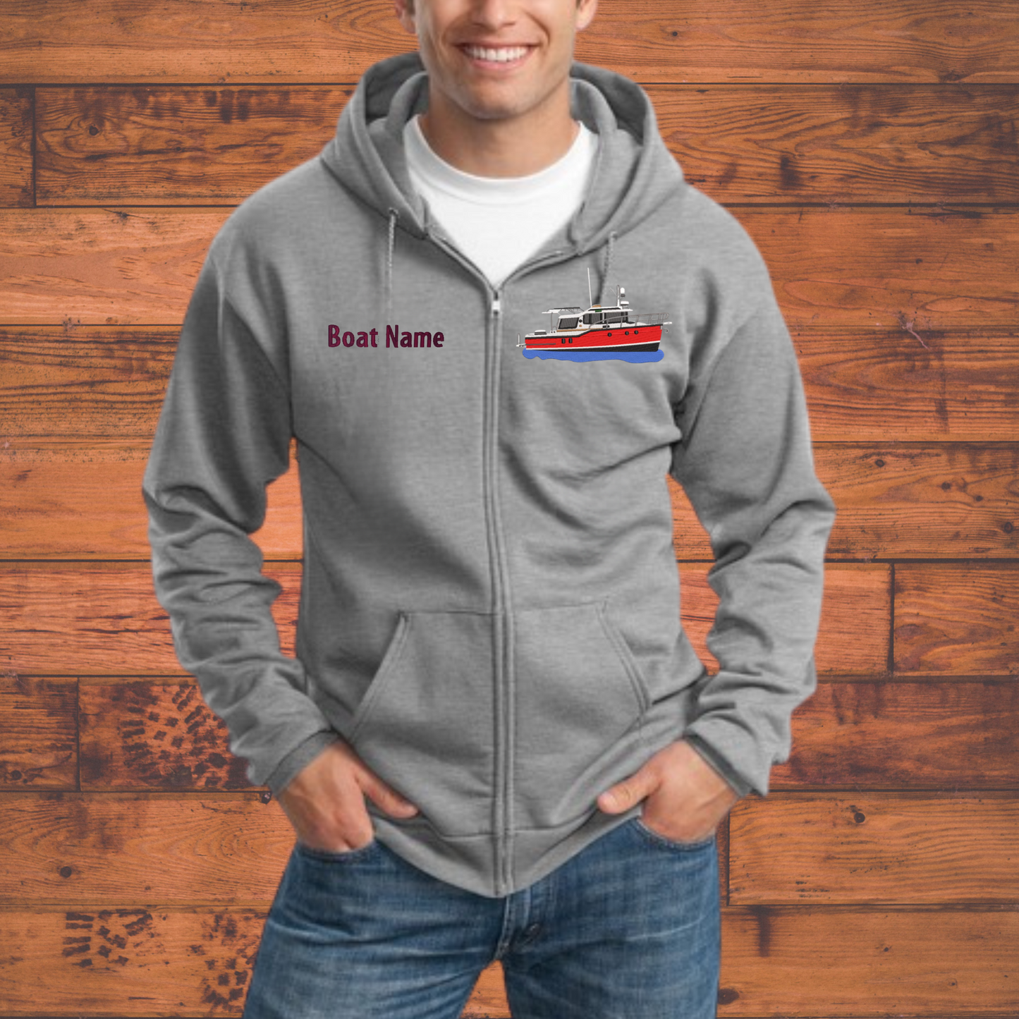 Men or Women's Full Zip Hoodie with Ranger Tug Boat R29S Embroidered on Left chest and Boat Name on right