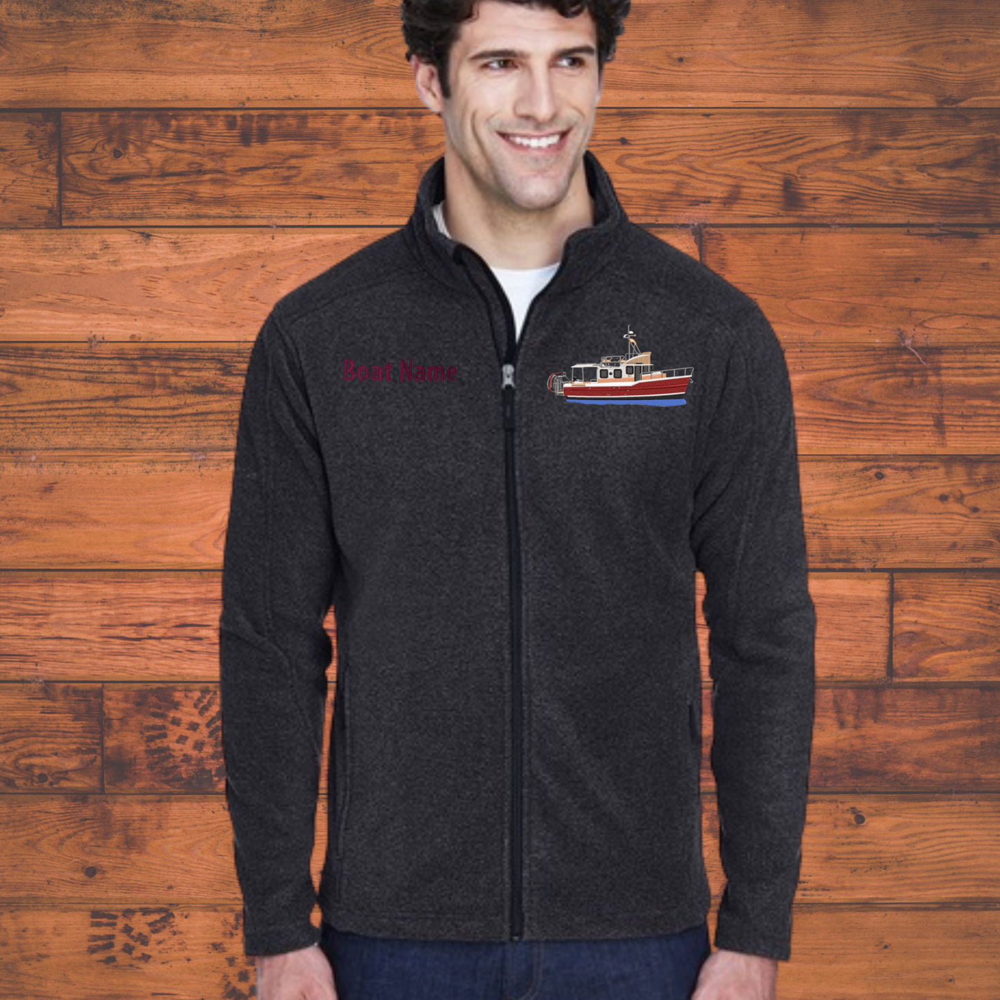 Men's or Women's Fleece Jacket with Ranger Tug R31CB boat embroidered on Left chest with Boat Name on the Right