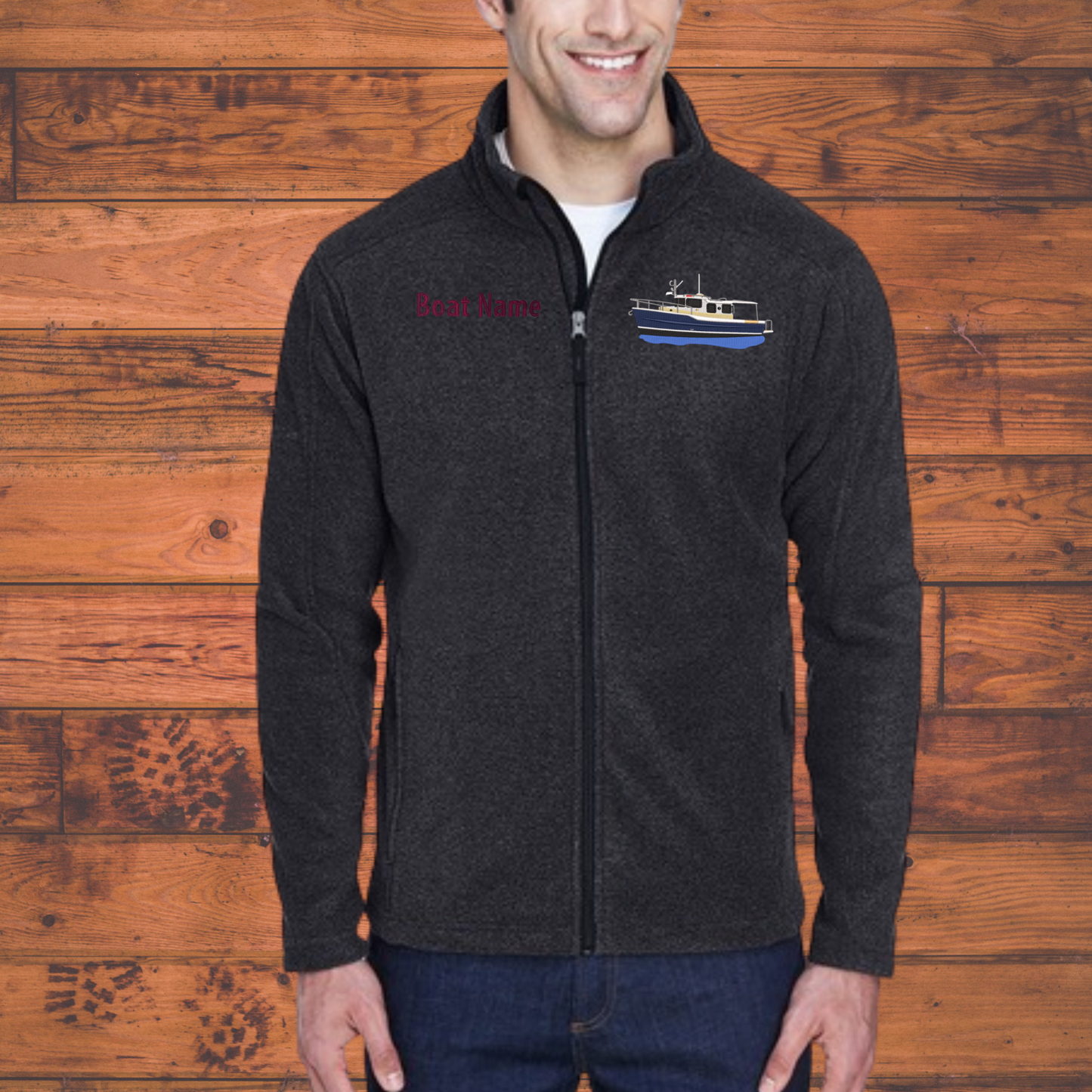 Men's or Women's Fleece Jacket with Ranger Tug R31S boat embroidered on Left chest with Boat Name on the Right