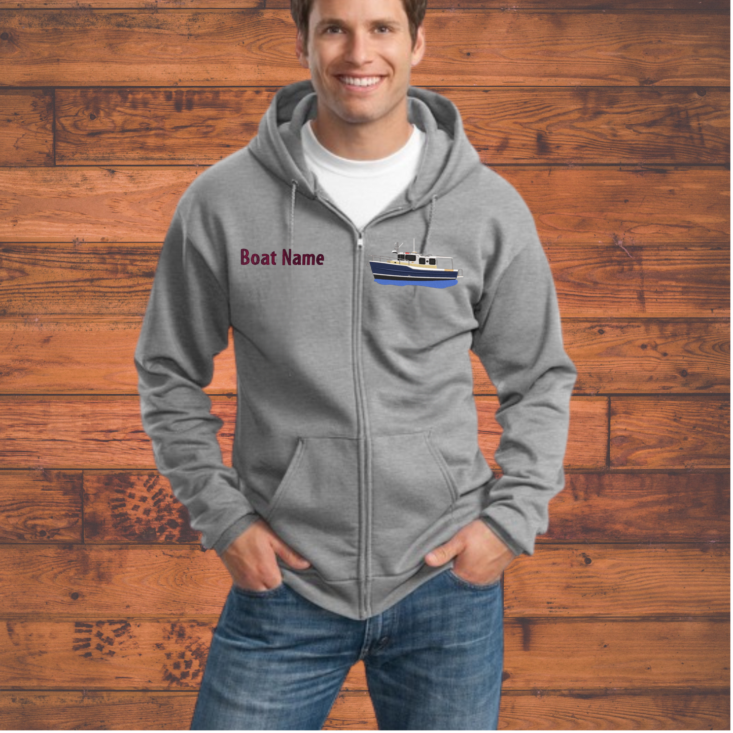 Men or Women's Full Zip Hoodie with Ranger Tug Boat R31S Embroidered on Left chest and Boat Name on right