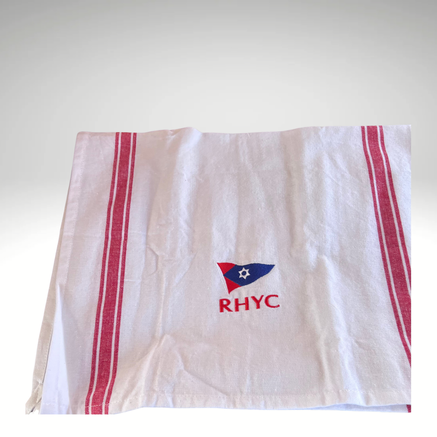 White Towel with colored stripe Galley towel with RHYC logo