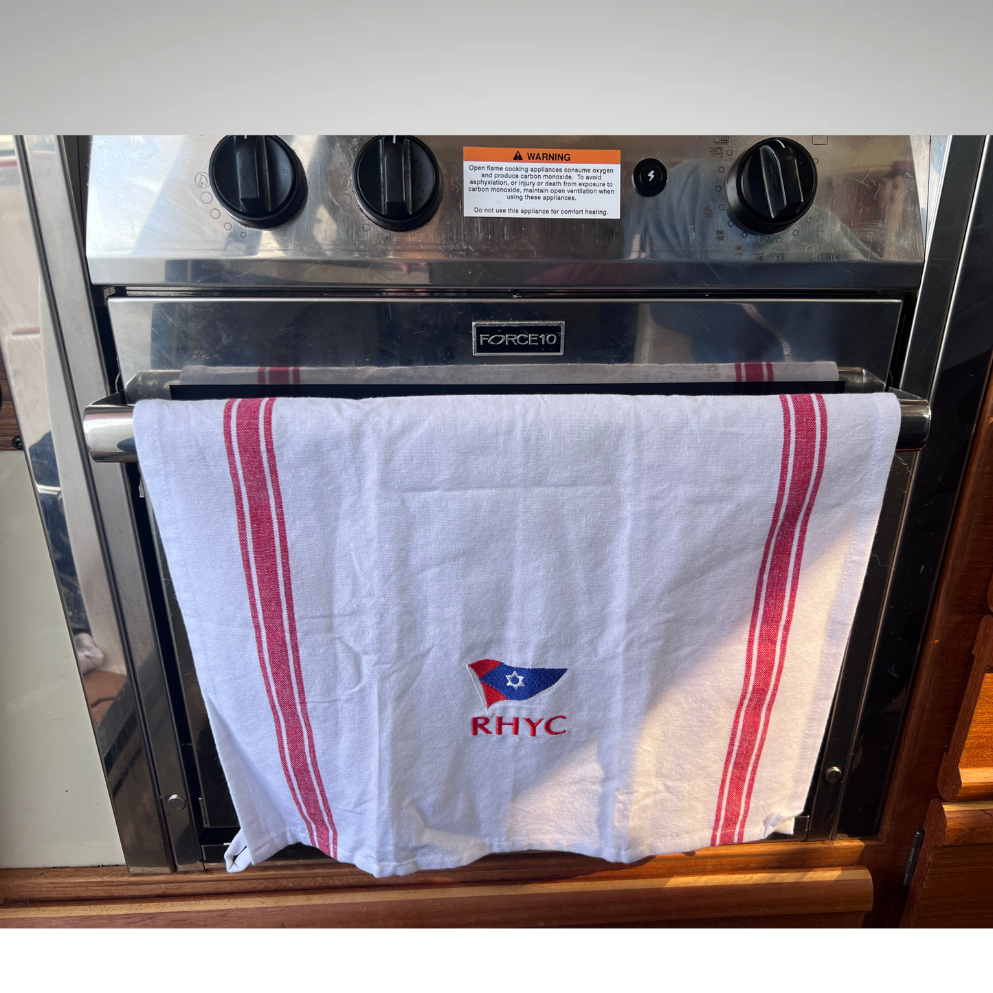 White Towel with colored stripe Galley towel with RHYC logo
