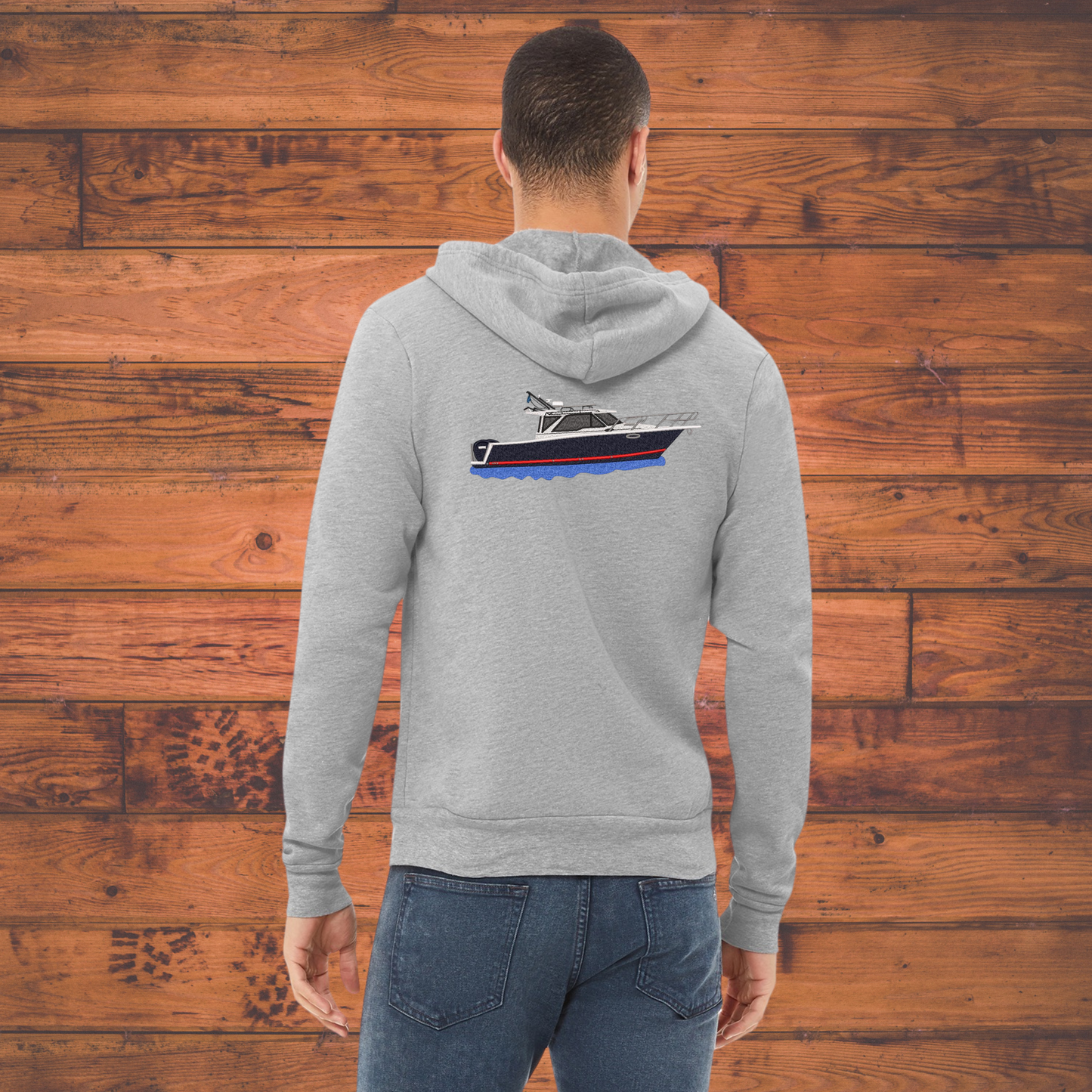 Mens or Women's Full Zip up Hoodie with a Cutwater C288 Embroidered on the back Personalized with Boat name on the Front. Zip up