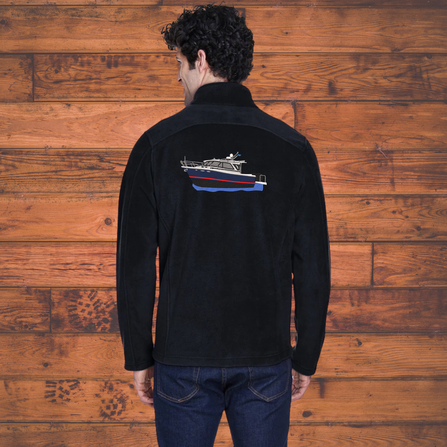 Mens or women's Fleece Jacket with a Cutwater C32 Embroidered on the back Personalized with Boat name on the Front. Zip up