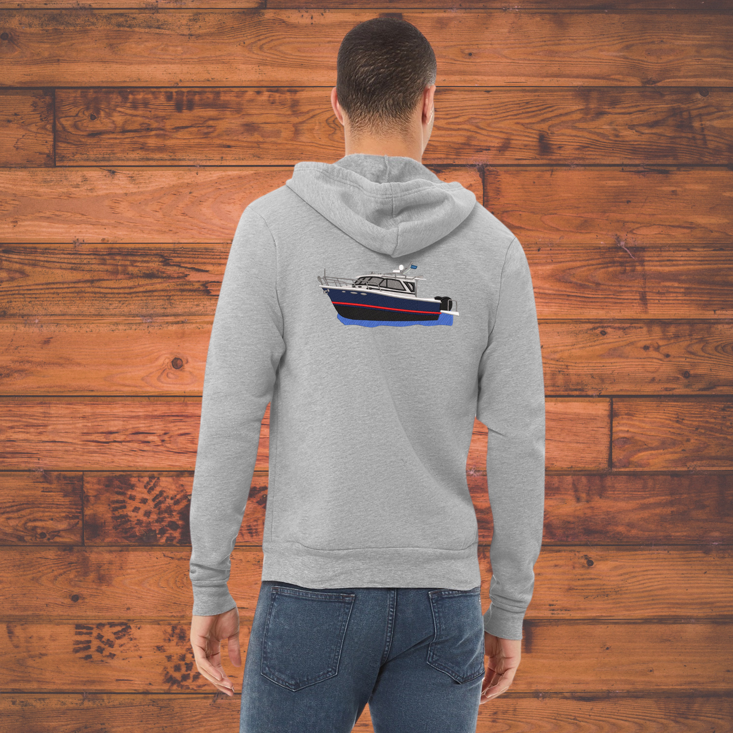 Mens or Women's Full Zip up Hoodie with a Cutwater C32 Embroidered on the back Personalized with Boat name on the Front. Zip up