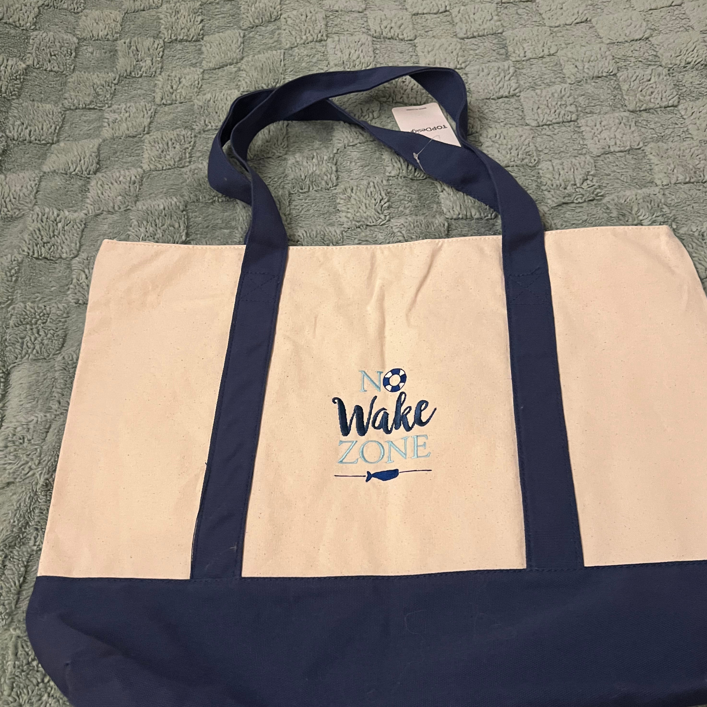 Embroidered with No Wake Zone design canvas bag