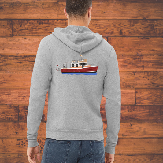 Mens or Women's Full Zip up Hoodie with a Ranger Tug R31CB Embroidered on the back Personalized with Boat name on the Front. Zip up