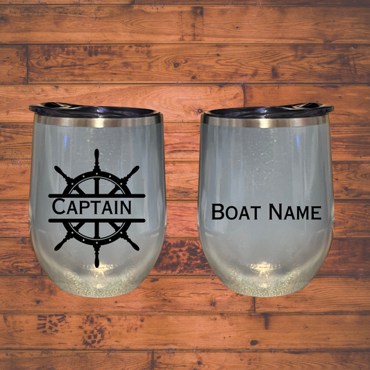 Captain- 12oz wine tumbler, personalized with boat name on back side