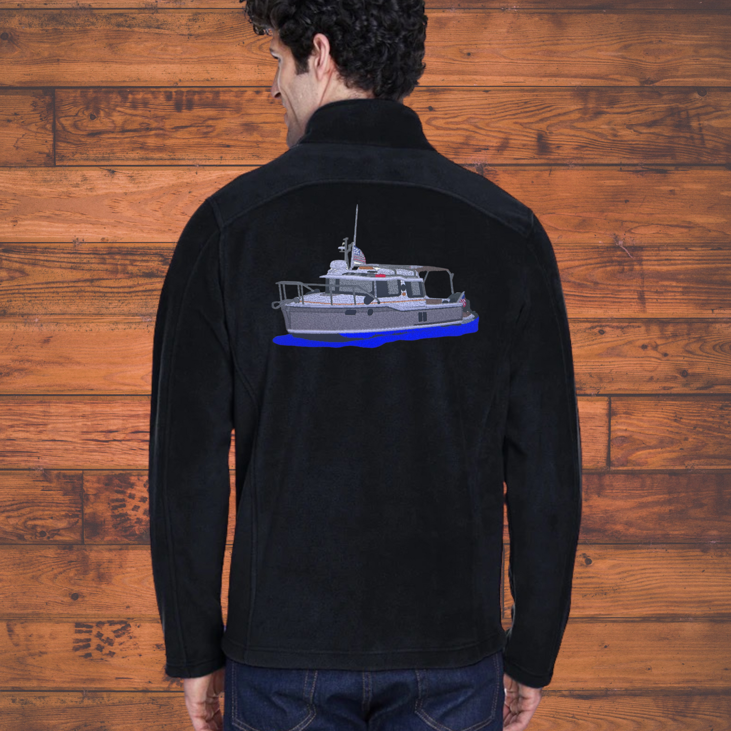 Fleece Jacket with a Ranger Tug R27ob Embroidered on the back Personalized with Boat name on the Front. Zip up