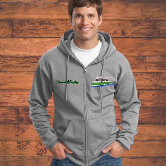 Men or Women's Full Zip Hoodie with Ranger Tug Boat R27OB Embroidered on Left chest and Boat Name on right