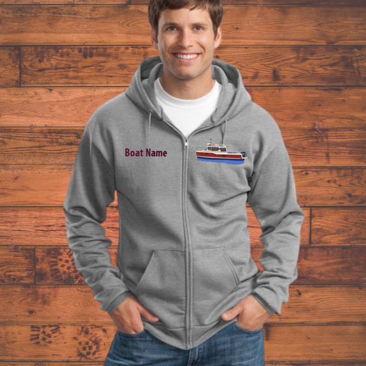 Men or Women's Full Zip Hoodie with Ranger Tug Boat R25OB Embroidered on Left chest and Boat Name on right