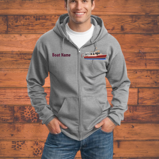 Men or Women's Full Zip Hoodie with Ranger Tug Boat R31CB Embroidered on Left chest and Boat Name on right