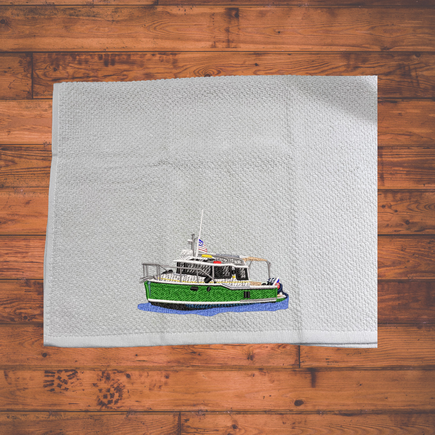 Galley Waffle towel With Ranger Tug Boat Embroidered onto it