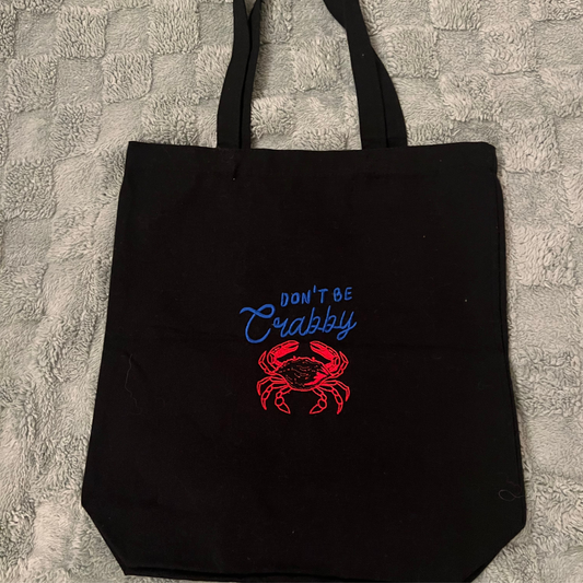 Lets get Crabby embroidered tote bag