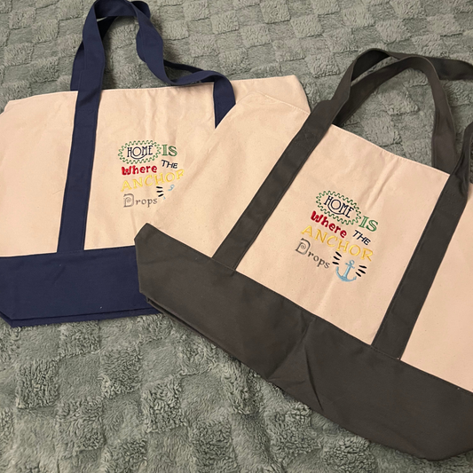 Home is where the anchor drops embroider canvas tote bag