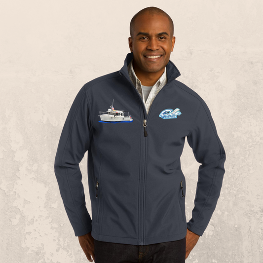 Mens or Women's soft shell jacket with ranger Tug on left chest and boat name on right